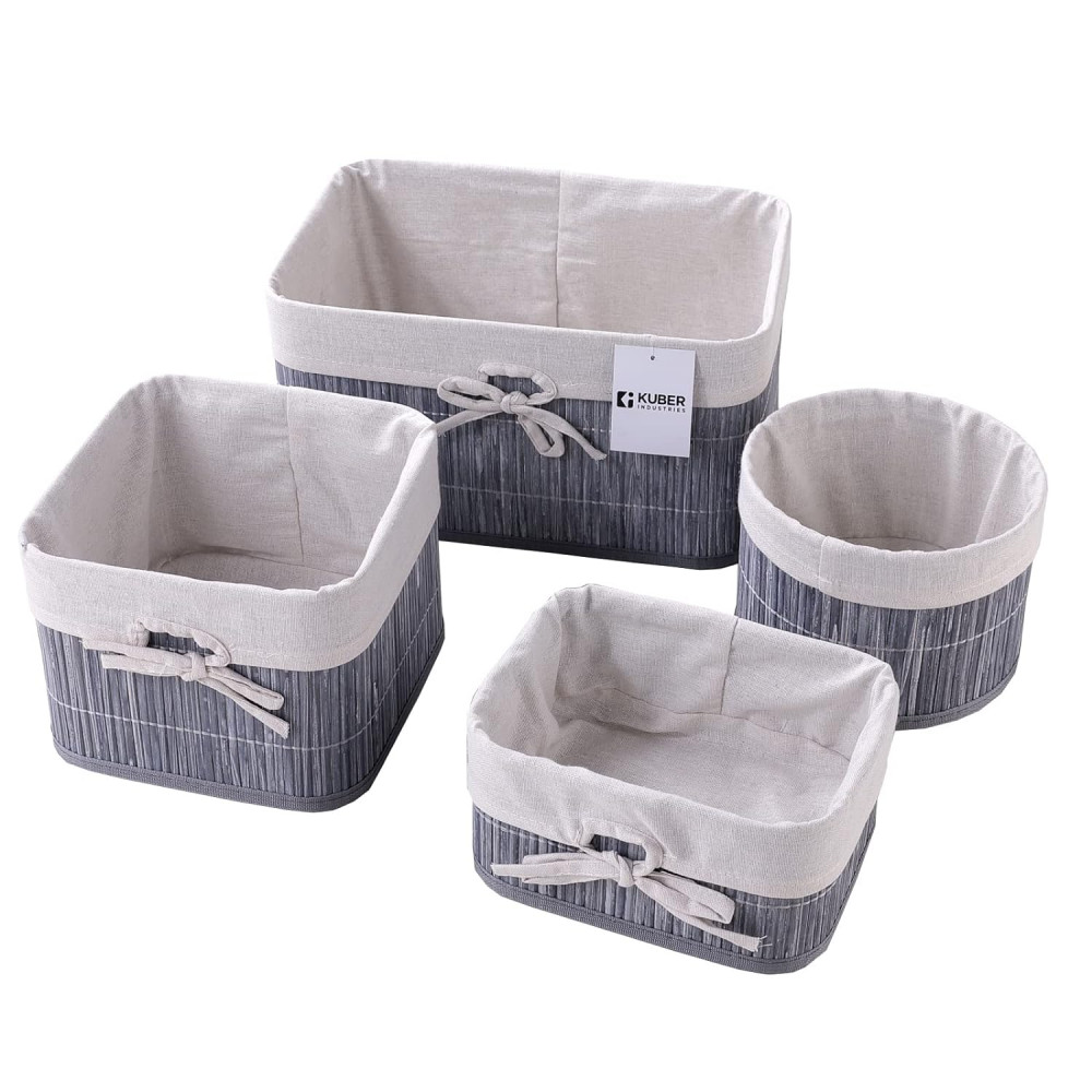 Kuber Industries Pack of 4 Bamboo Storage Basket With Liner|Fodable Storage Organizer|Box For Cloth, Toiletry, Bathroom|Capacity 12.9L, 6L, 3L, 3.3L|GREY|