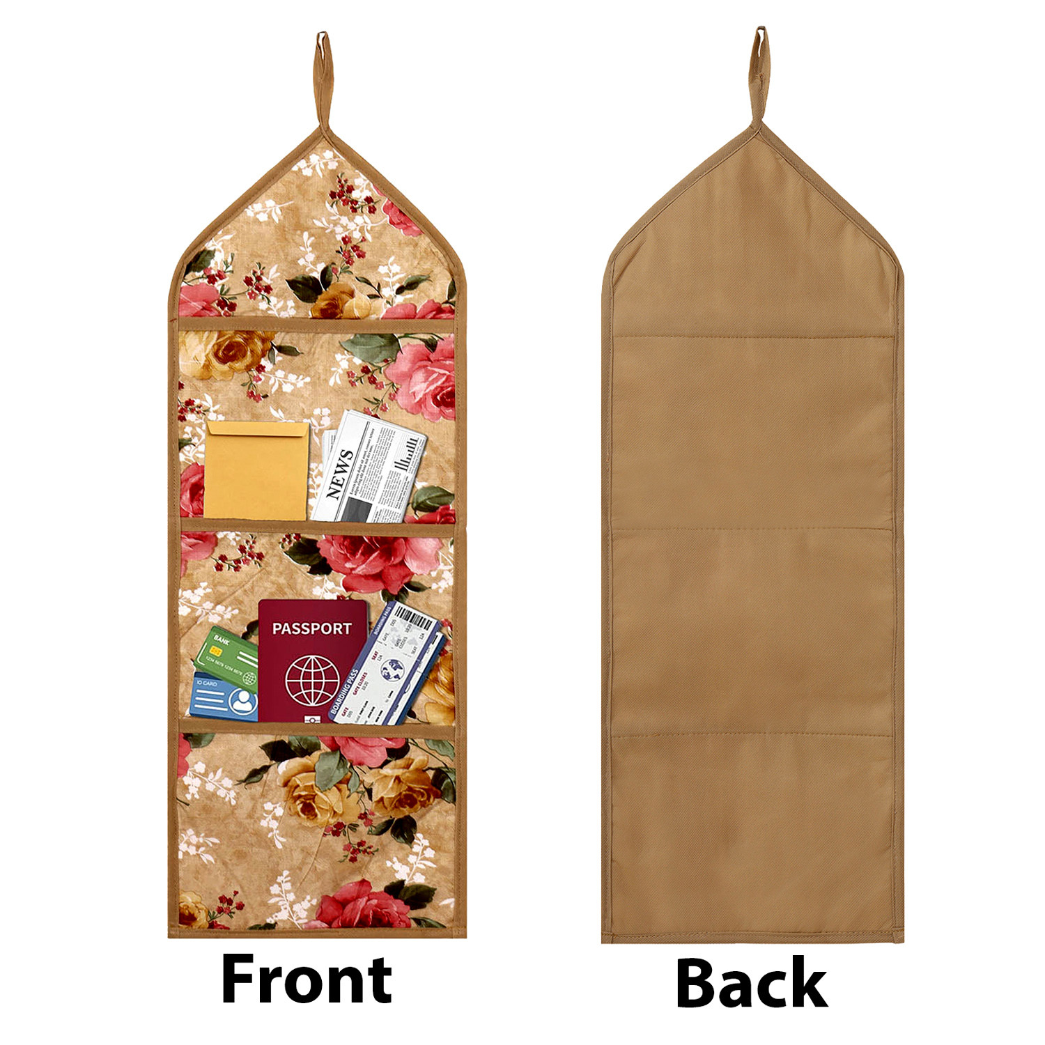 Kuber Industries Paper Holder | Foldable Hanging Organizer | PVC Flower Design Document Holder | Wall Hanging Organizer with 3 Pocket | Beige