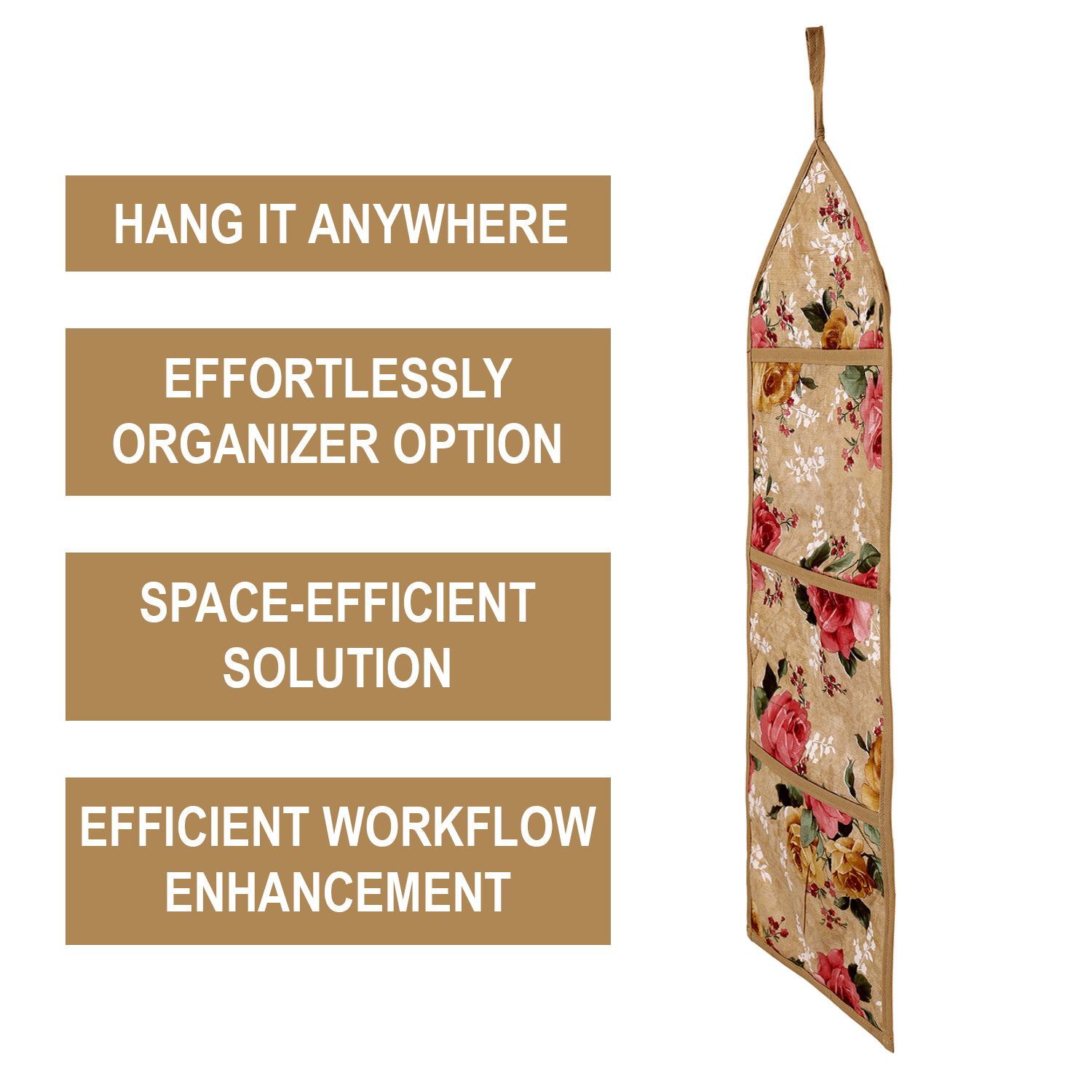 Kuber Industries Paper Holder | Foldable Hanging Organizer | PVC Flower Design Document Holder | Wall Hanging Organizer with 3 Pocket | Beige