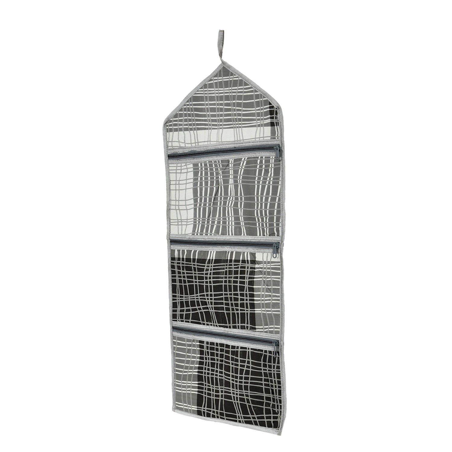 Kuber Industries Paper Holder | Foldable Hanging Organizer | PVC Lining Pattern Document Holder | 3 Pocket Wall Hanging Holder with Zipper | Gray & Black