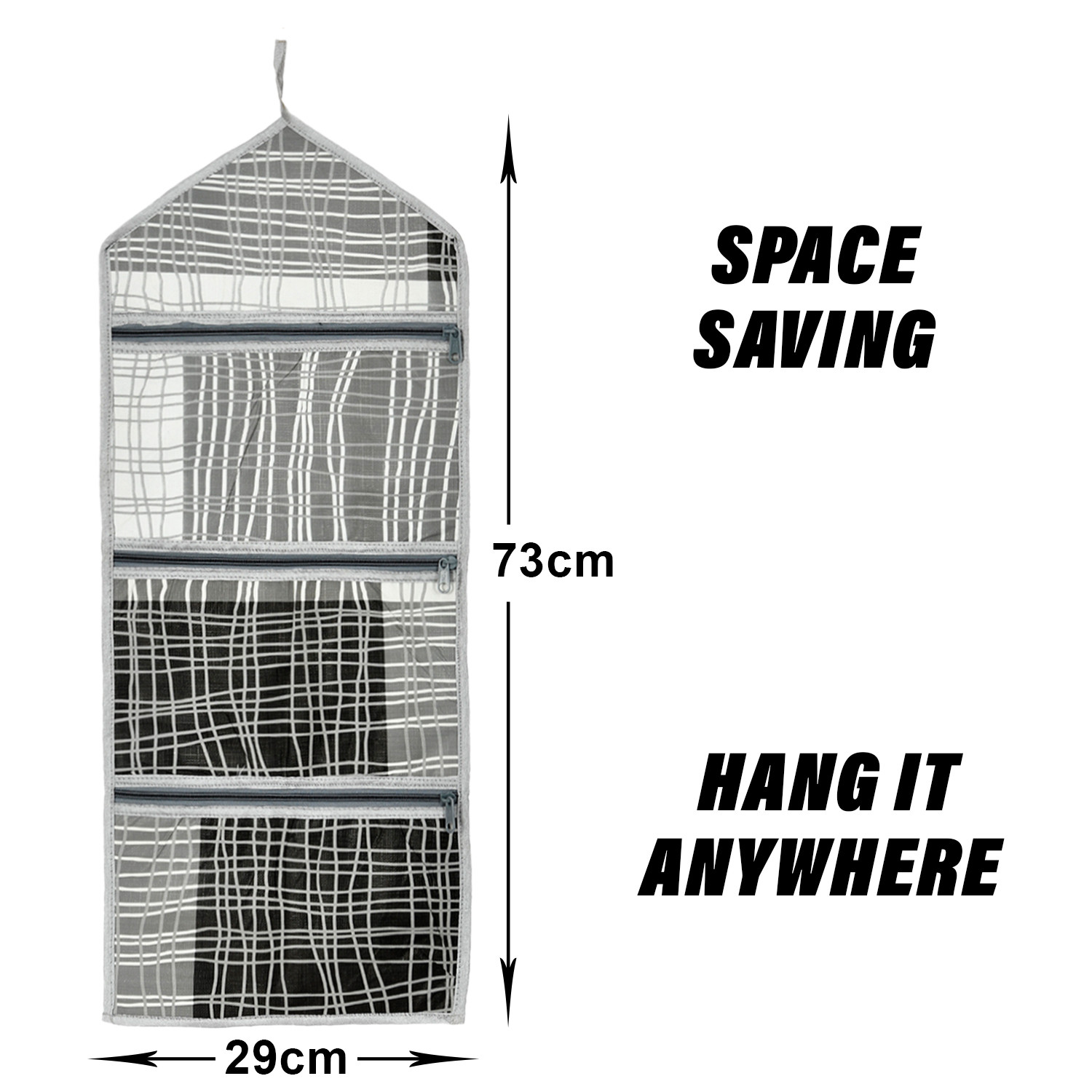 Kuber Industries Paper Holder | Foldable Hanging Organizer | PVC Lining Pattern Document Holder | 3 Pocket Wall Hanging Holder with Zipper | Gray & Black