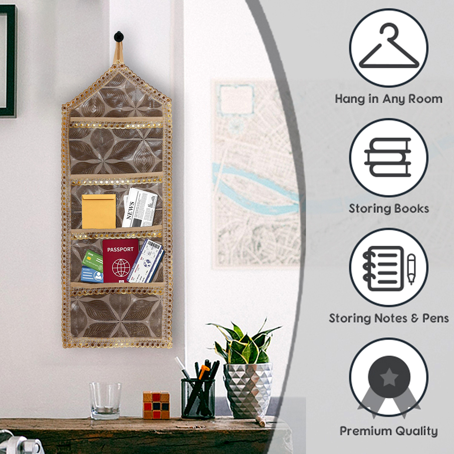 Kuber Industries Paper Holder | Foldable Hanging Organizer | PVC Shining Leaf Design Document Holder | Wall Hanging Organizer with 3 Pocket | Golden
