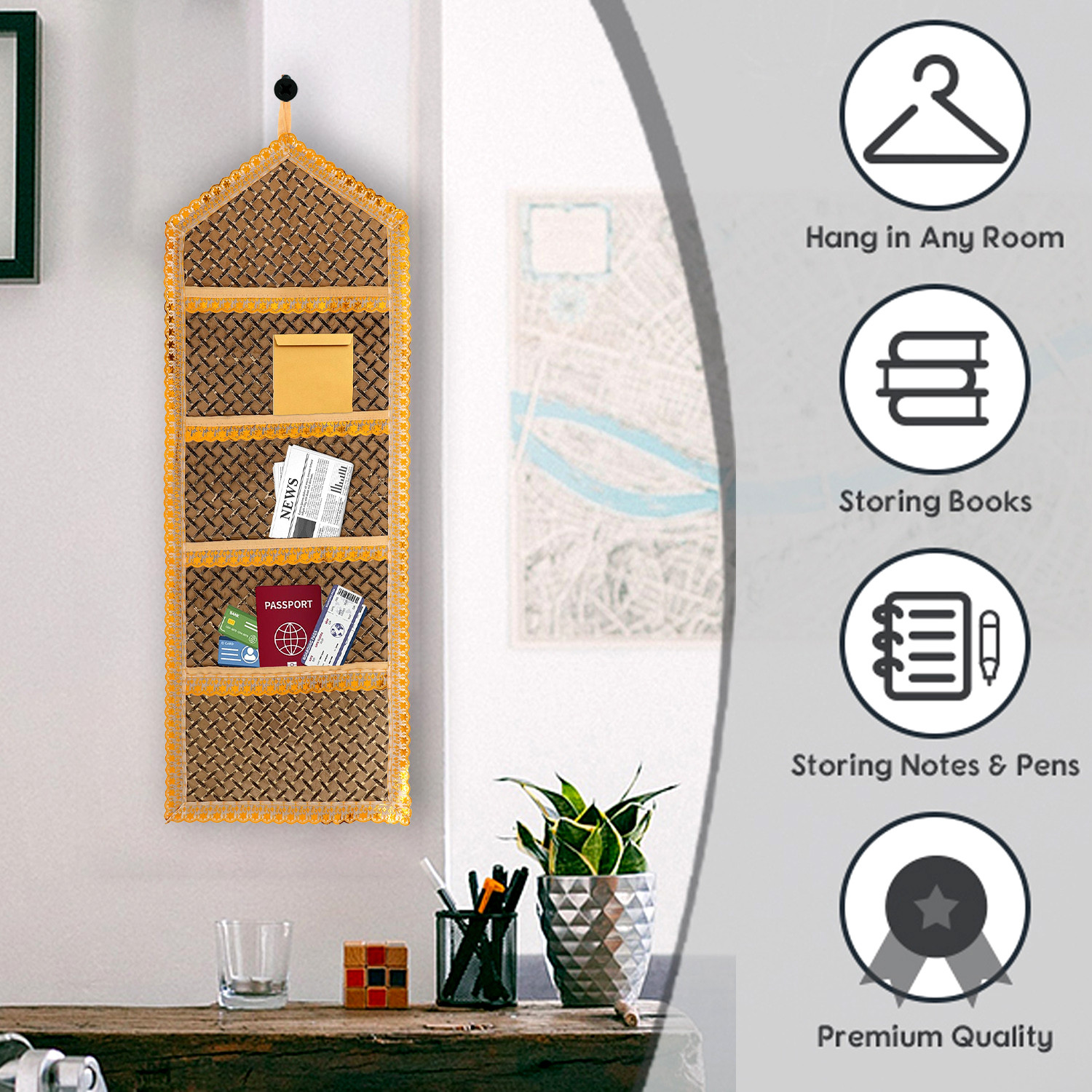 Kuber Industries Paper Holder | Foldable Hanging Organizer | PVC Shining Zig Zag Design Document Holder | Wall Hanging Organizer with 3 Pocket | Golden