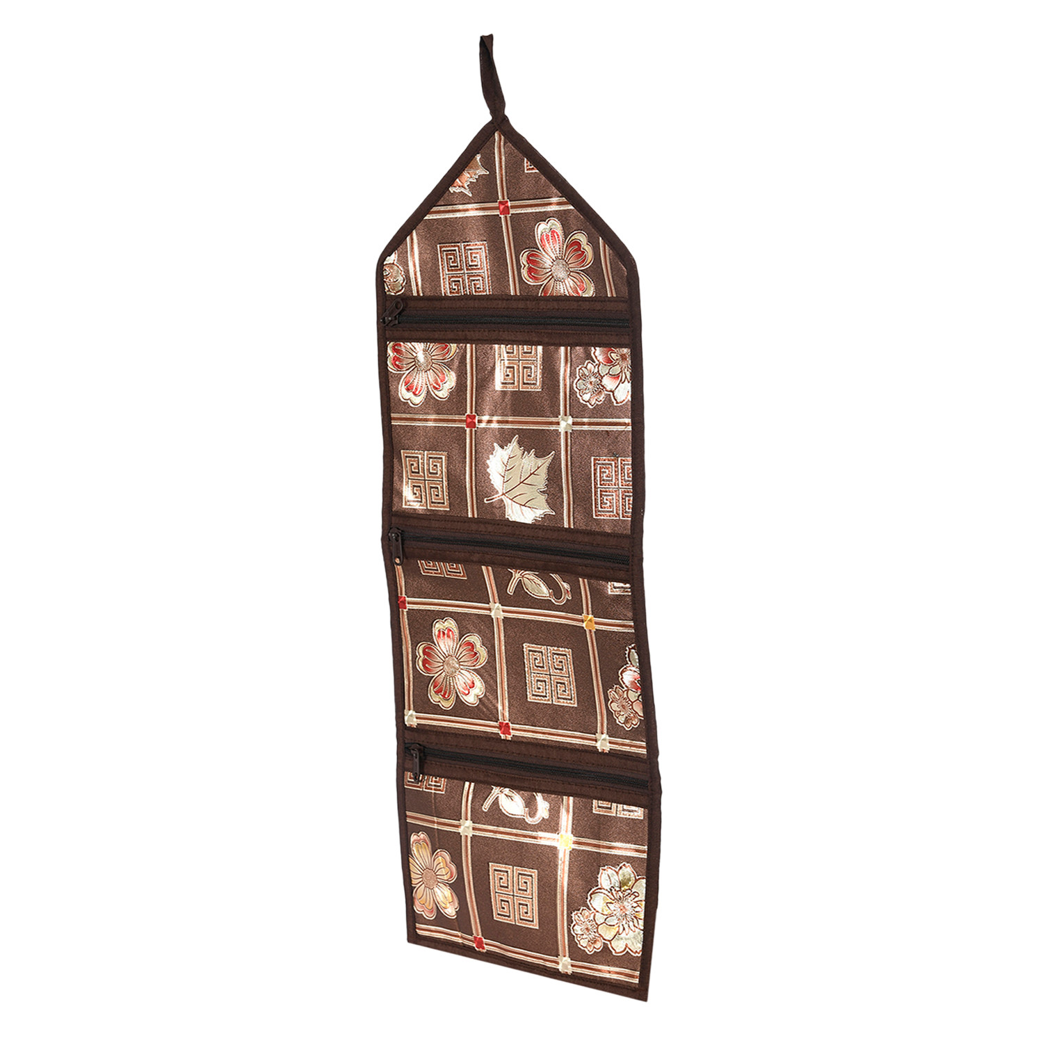 Kuber Industries Paper Holder | Foldable Hanging Organizer | PVC Shinning Check Pattern Document Holder | 3 Pocket Wall Hanging Holder with Zipper | Brown