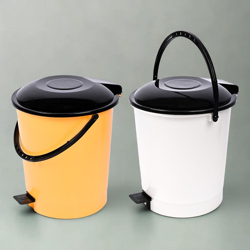 Kuber Industries Pedal Dustbin | Dustbin with Lid | Garbage Bin with Handle | Dustbin for Kitchen-Bathroom | Wet &amp; Dry Waste Bin | Black Dhakkan Trash Can | 10 LTR | Orange &amp; White