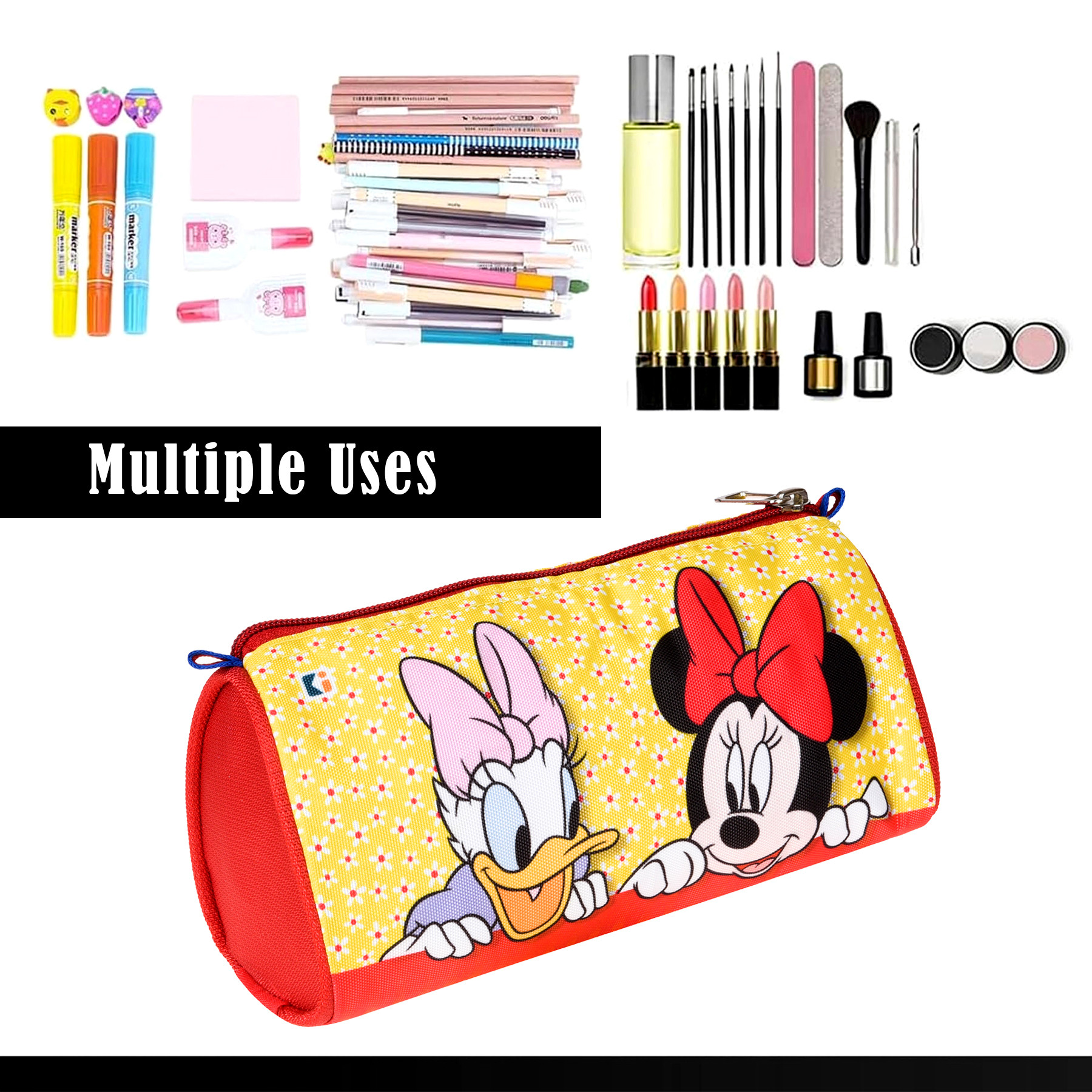 Kuber Industries Pencil Pouch | Multi-Purpose Travel Pouch | Kids Stationary Storage Bag | Pencil Utility School Pouches | Geometry Box | Disney Mickey Dots | Large | Yellow