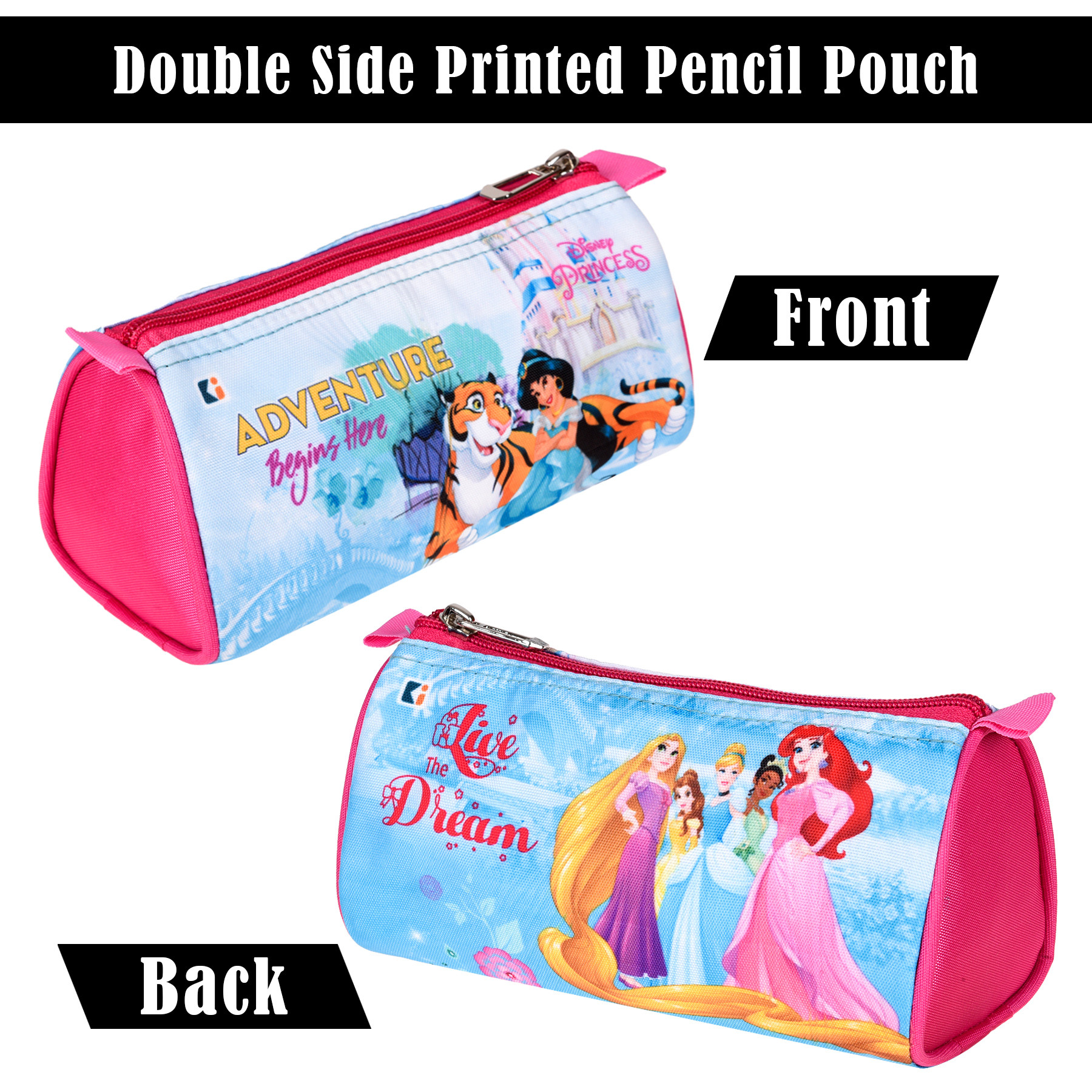 Kuber Industries Pencil Pouch | Multi-Purpose Travel Pouch | Kids Stationary Storage Bag | Pencil Utility School Pouches | Geometry Box | Disney Princess | Large | Pink & Blue