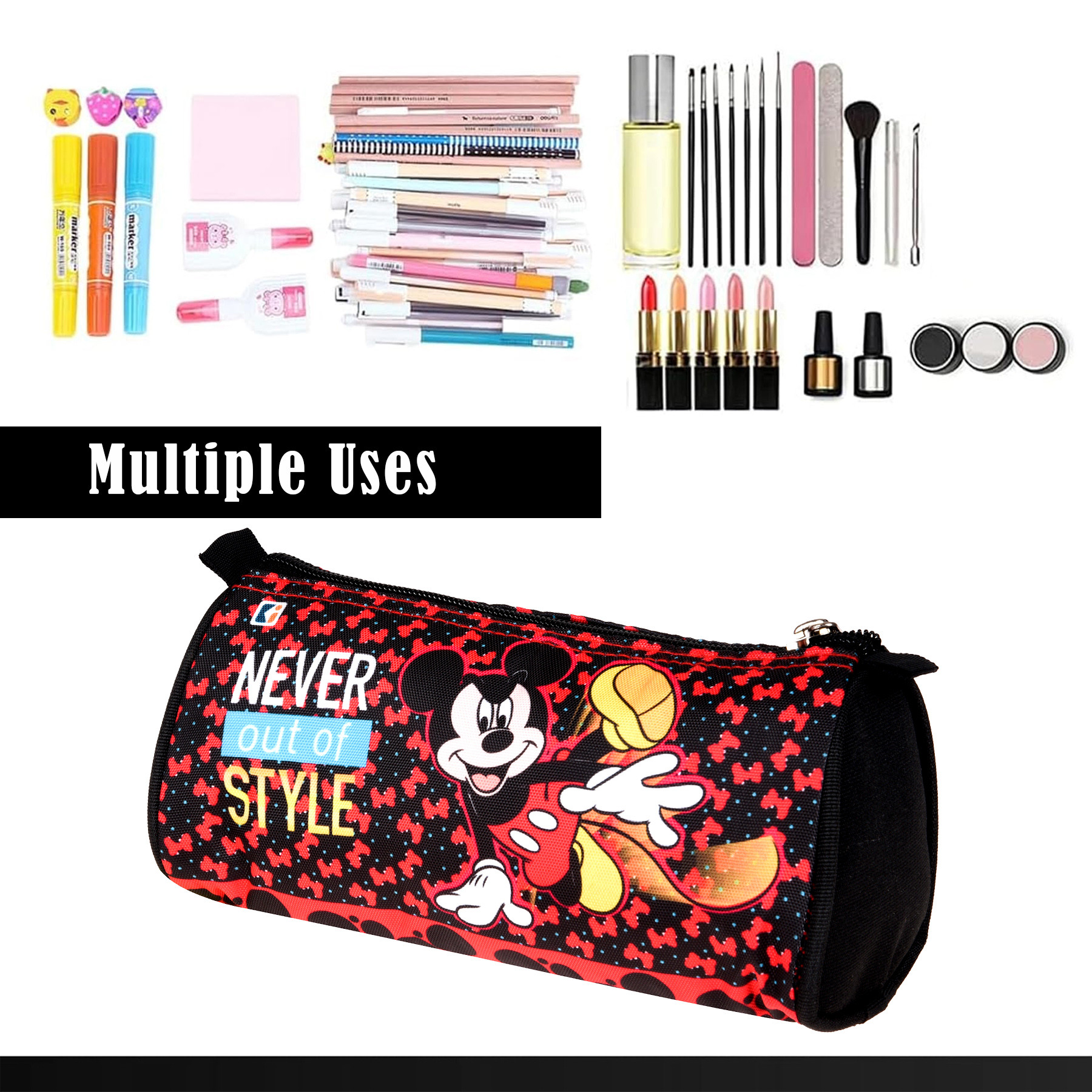 Kuber Industries Pencil Pouch | Multi-Purpose Travel Pouch | Kids Stationary Storage Bag | Pencil Utility School Pouches | Disney Geometry Box | Large | Black & Pink