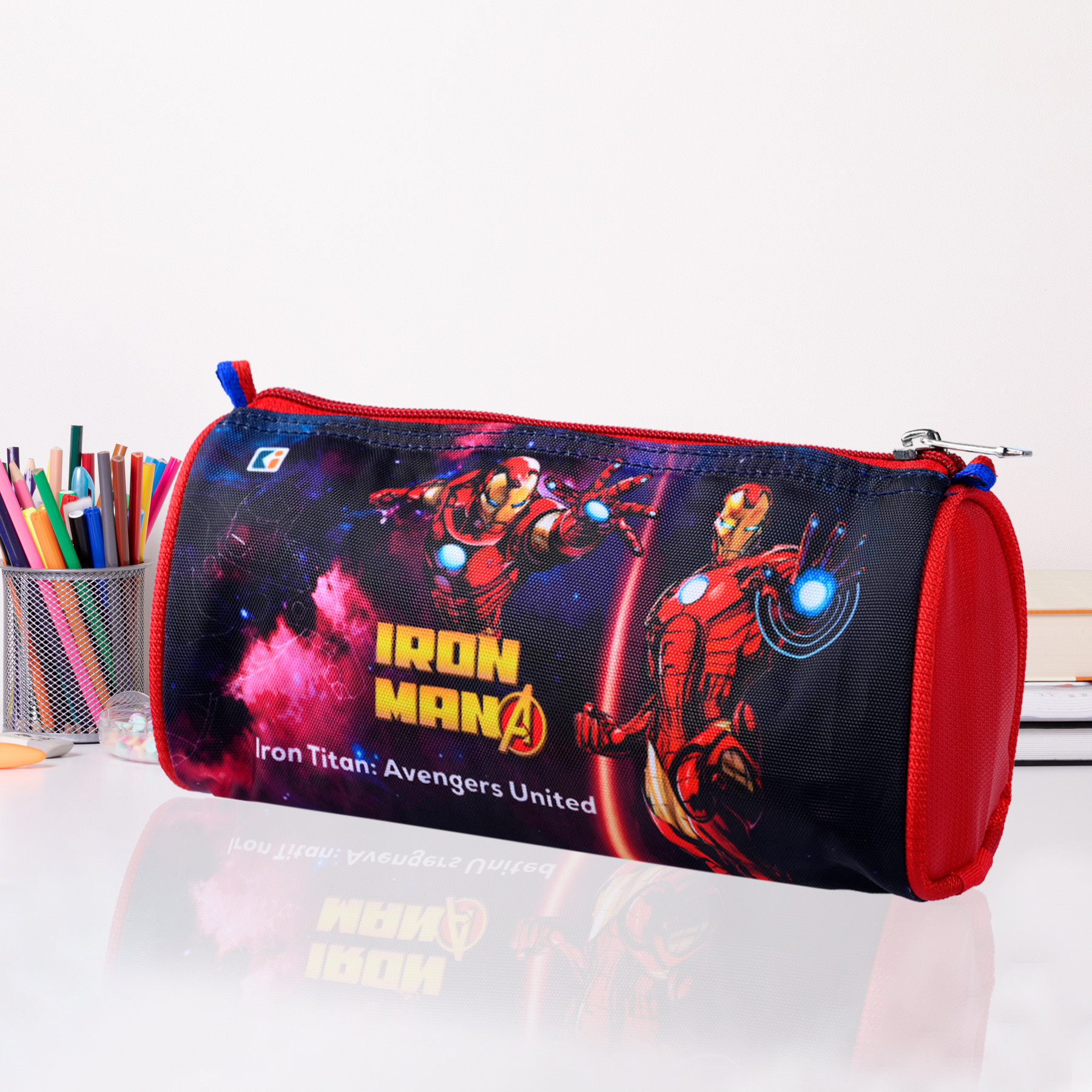Kuber Industries Pencil Pouch | Multi-Purpose Travel Pouch | Kids Stationary Storage Bag | Pencil Utility School Pouches | Geometry Box | Marvel Iron-Man | Large | Red & Black