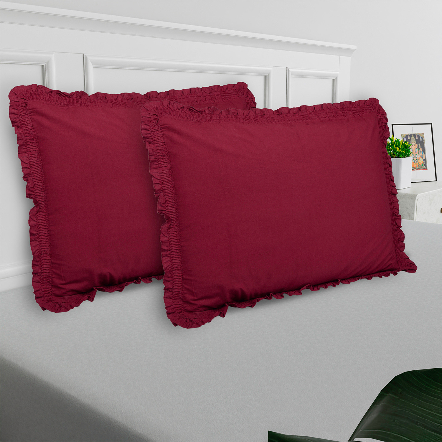 Kuber Industries Pillow Cover | Cotton Pillow Cover | Pillow Cover For Bedroom | Pleated Frill Border Long Crush Pillow Cover | Set of 4 | 20x30 Inch | Maroon