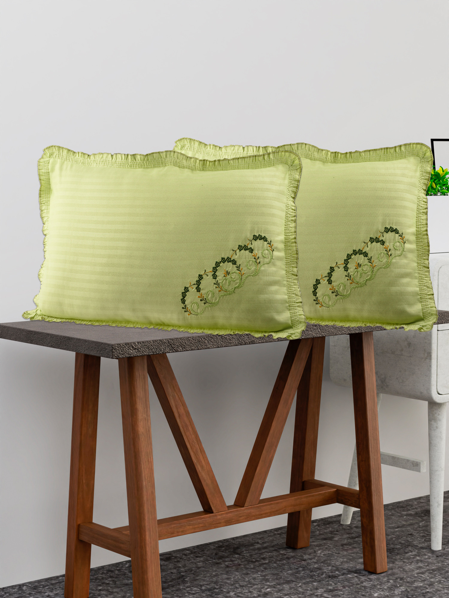 Kuber Industries Pillow Cover | Cotton Pillow Cover Set | Cushion Pillow Cover Set | Pillow Cover Set for Bedroom | Lining Embroidery Pillow Cover Set |Parrot Green
