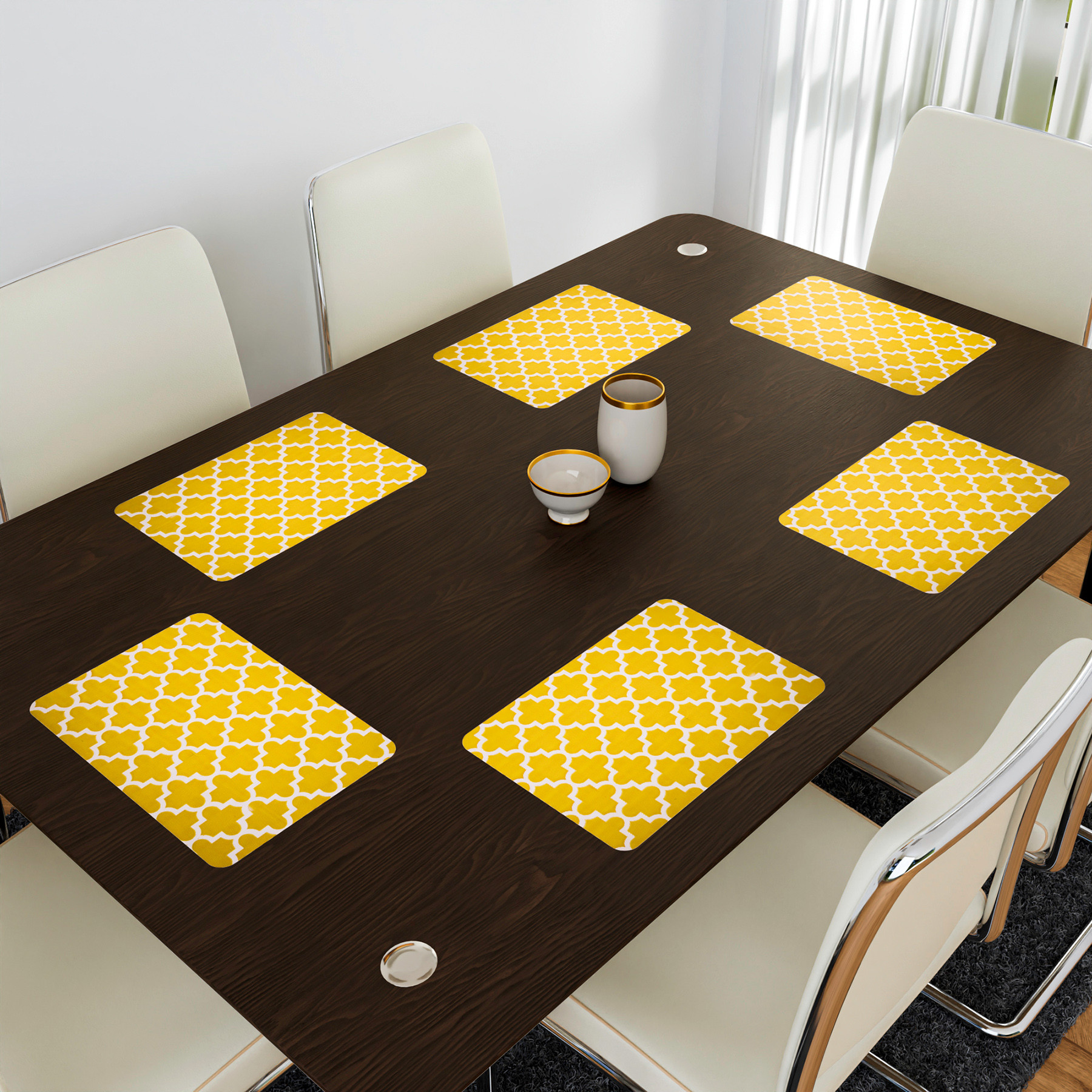 Kuber Industries Placemat | Placemats for Dining Room | Anti-Slip Table Mat Set | Placemats for Kitchen Table | Dining Table Placemats | Hexagon-Design Placemat | 6 Piece Set | Yellow