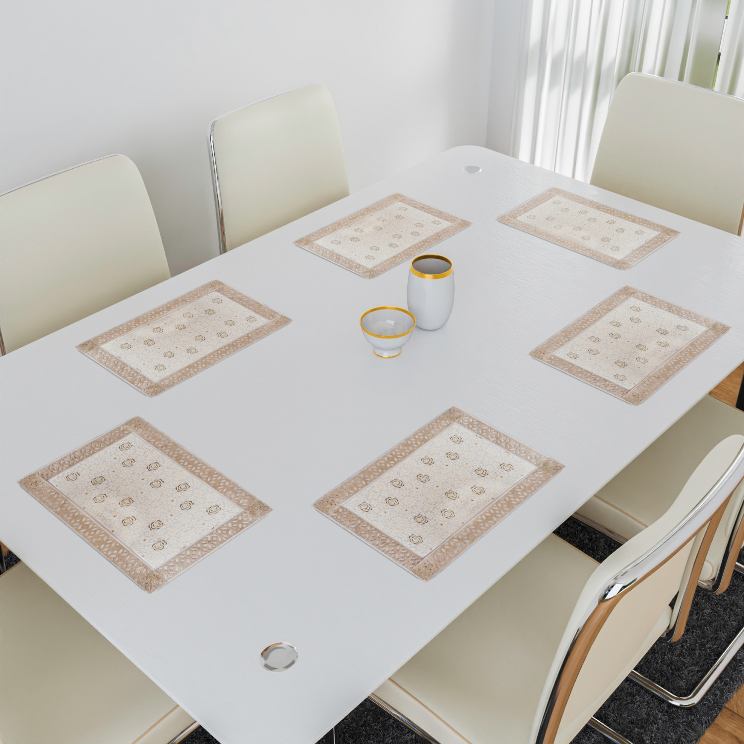 Kuber Industries Placemat | Placemats for Dining Room | Desginer Table Mat Set | Placemats for Kitchen Table | Dining Table Mats | Gulab Maiva Placemat | 6 Piece Set | Cream