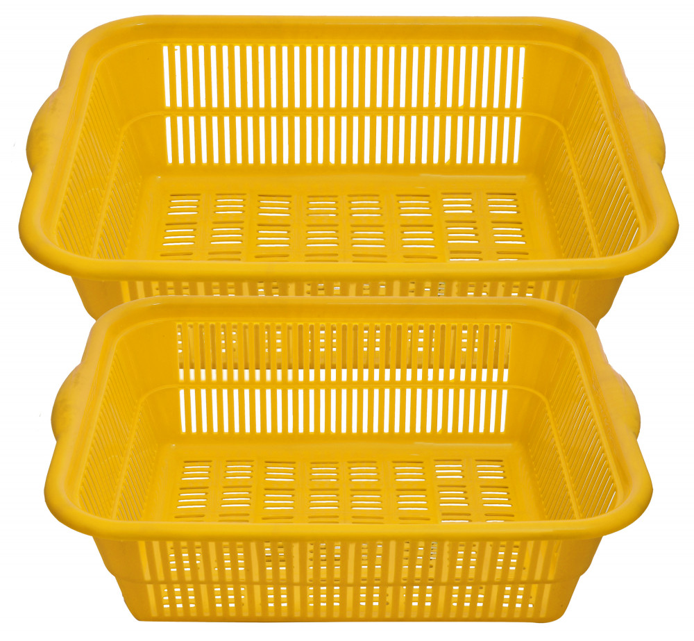 Kuber Industries Plastic 2 Pieces Kitchen Medium &amp; Large Size Dish Rack Drainer Vegetables And Fruits Washing Basket Dish Rack Multipurpose Organizers (Yellow)-KUBMART826