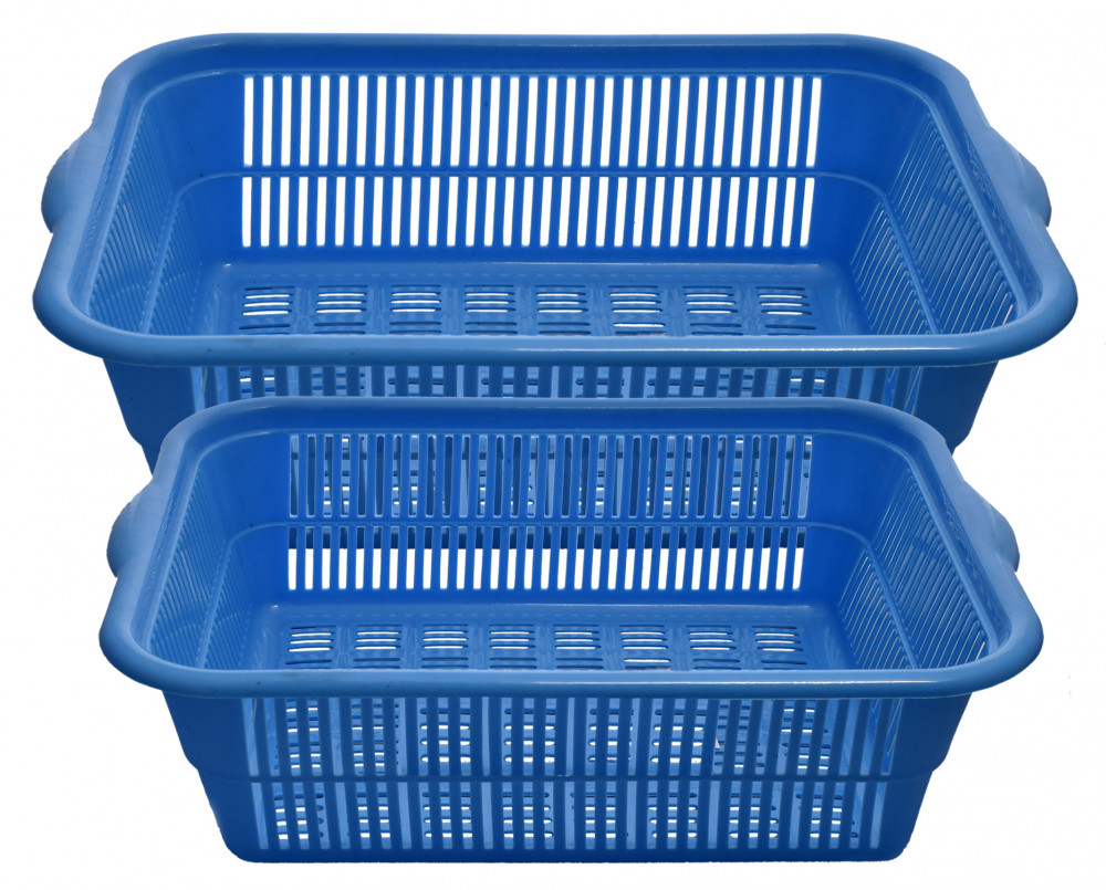 Kuber Industries Plastic 2 Pieces Kitchen Small &amp; Medium Size Dish Rack Drainer Vegetables And Fruits Washing Basket Dish Rack Multipurpose Organizers (Blue)-KUBMART810