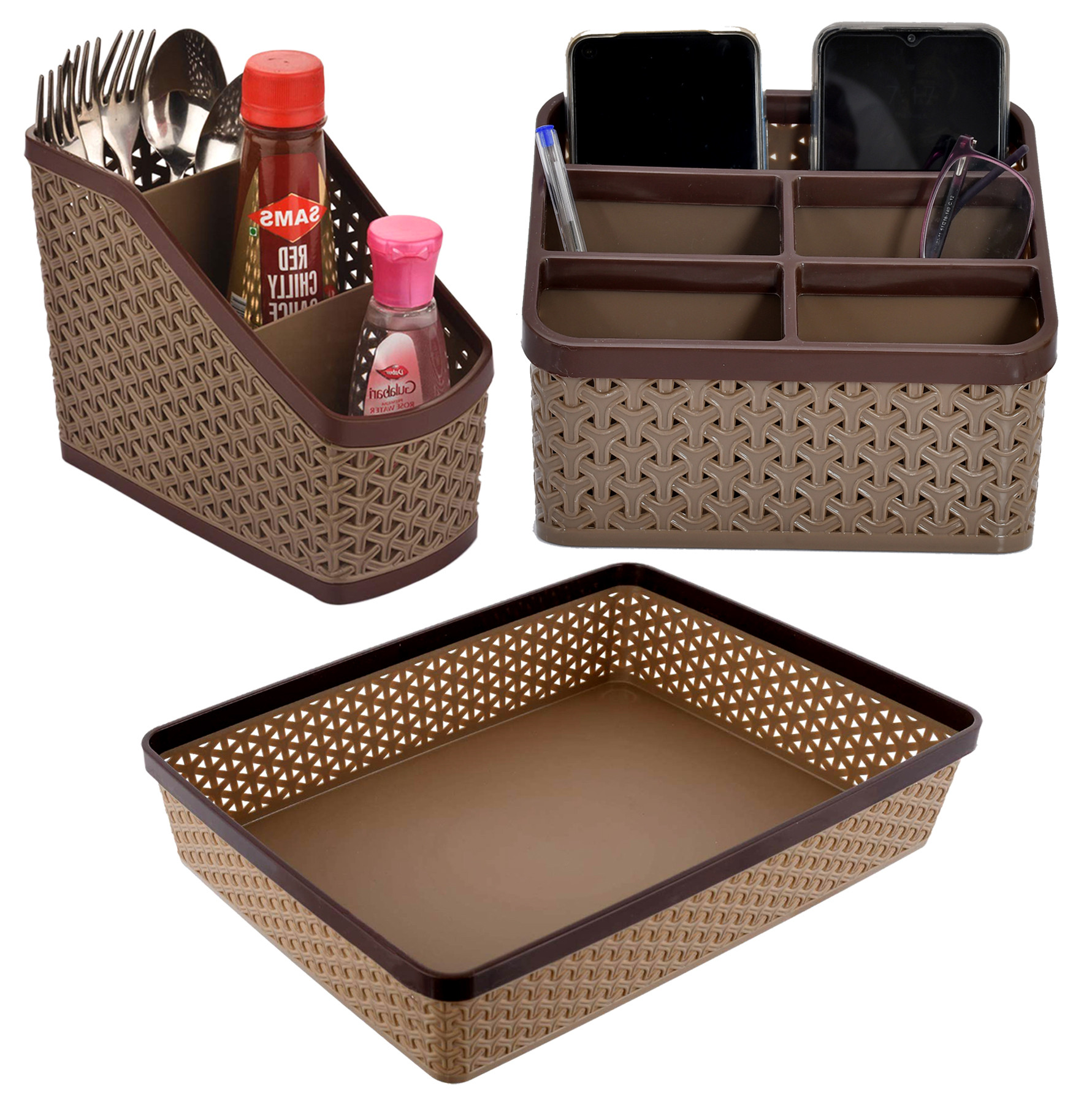 Kuber Industries Plastic 2 Pieces Small & Large Compact And 1 Piece Stationary Office Tray Desk Organizer Container(Set Of 3,Brown)-KUBMART3262
