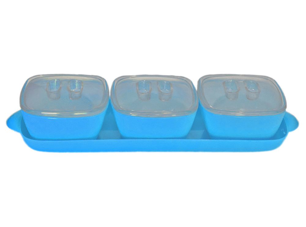 Kuber Industries Plastic 3 Bowls &amp; 1 Tray Set For Serving &amp; Store Dry Fruits, candies, Snacks With Silicon Rubberized Ring Lid (Blue)