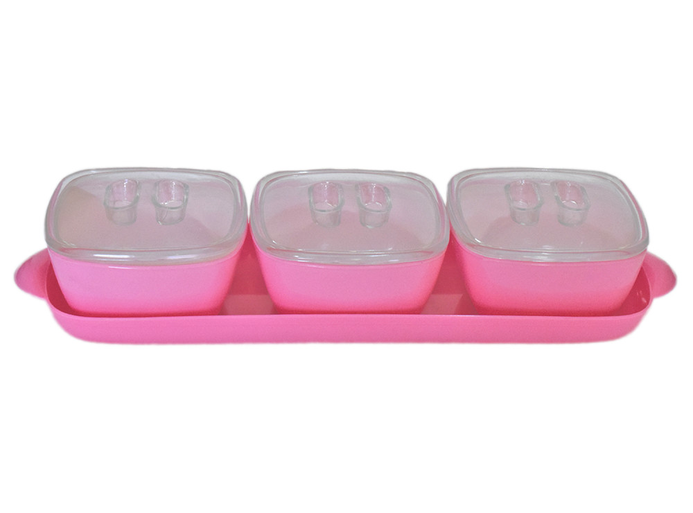 Kuber Industries Plastic 3 Bowls &amp; 1 Tray Set For Serving &amp; Store Dry Fruits, candies, Snacks With Silicon Rubberized Ring Lid (Pink)
