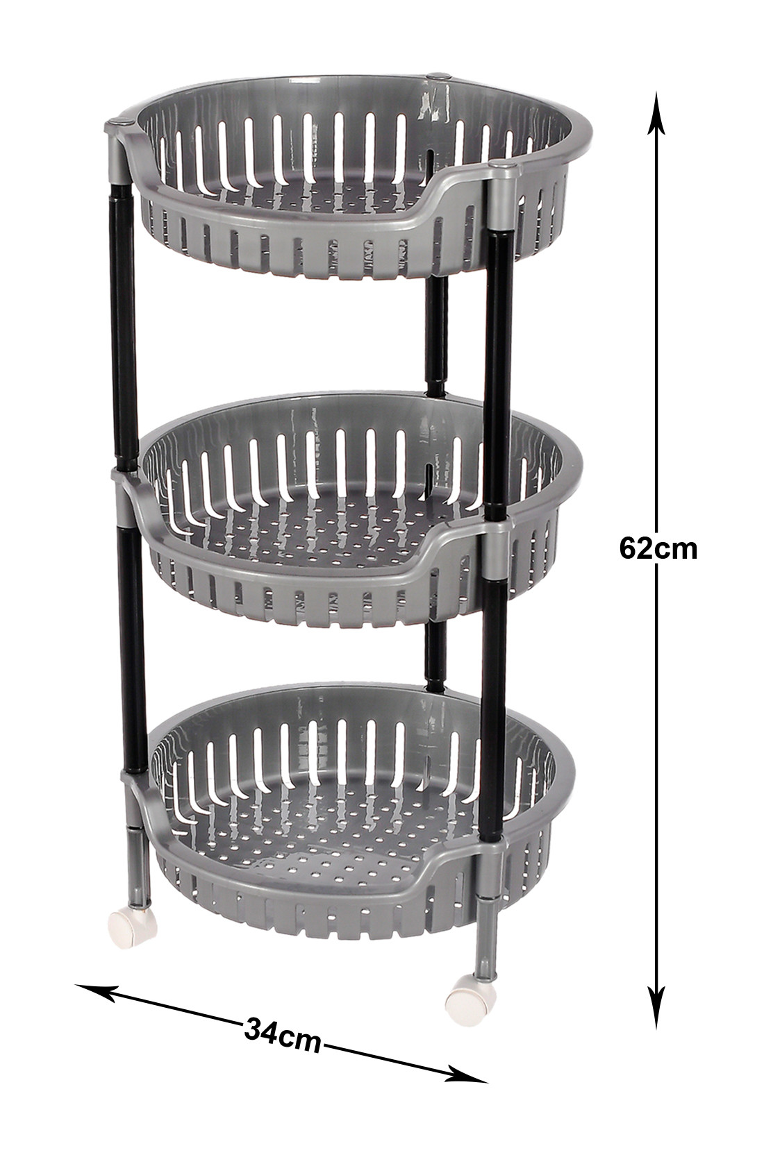 Kuber Industries Plastic 3-Tier Multi-Purpose Round Rolling Storage Cart Organizer Shelf Rack With Wheels (Grey) -46KM0557