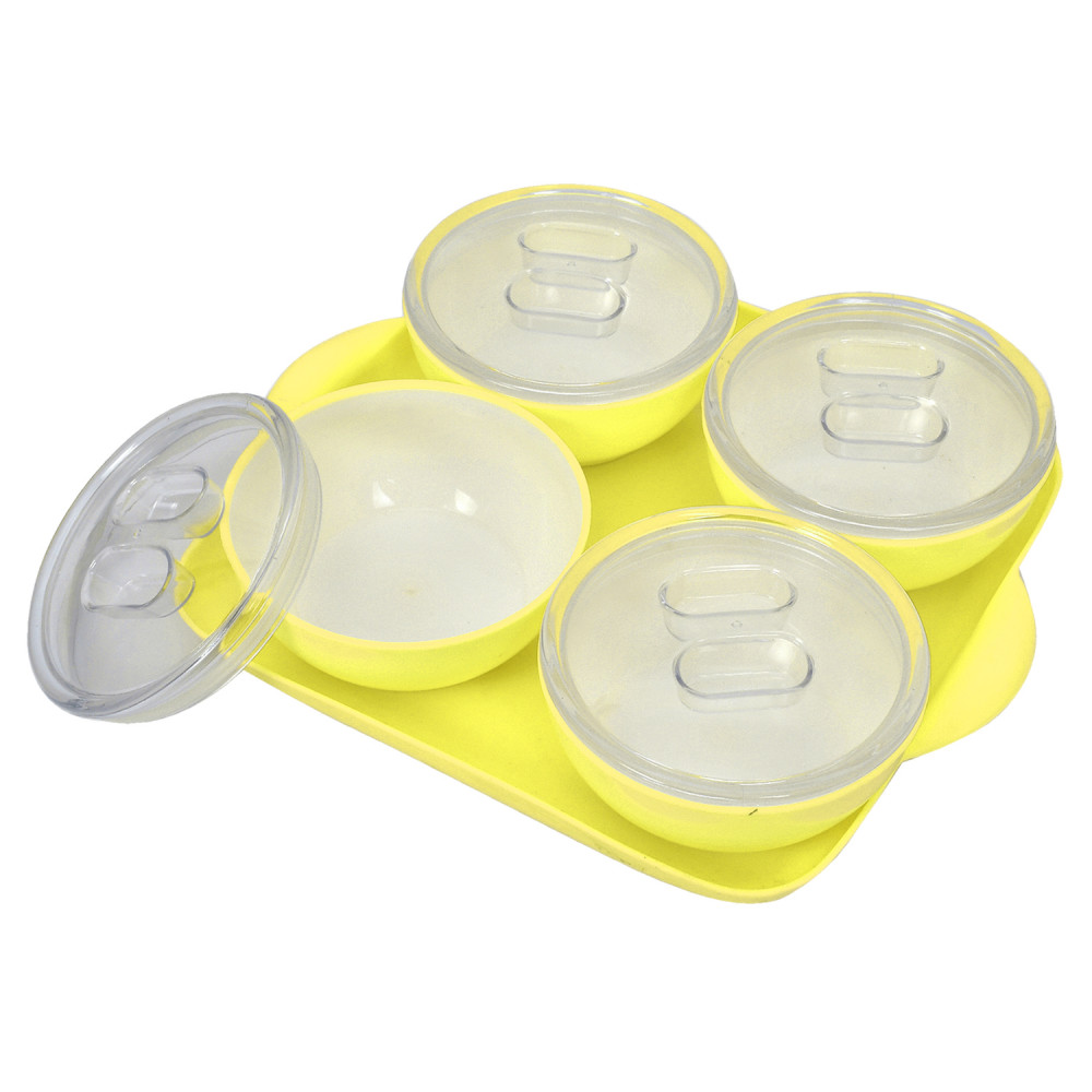 Kuber Industries Plastic 4 Bowls &amp; 1 Square Tray Set For Serving &amp; Store Dry Fruits, candies, Snacks With Silicon Rubberized Ring Lid (Green)