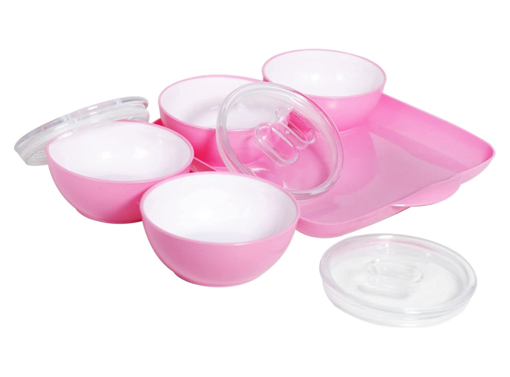 Kuber Industries Plastic 4 Bowls &amp; 1 Square Tray Set For Serving &amp; Store Dry Fruits, candies, Snacks With Silicon Rubberized Ring Lid (Pink)