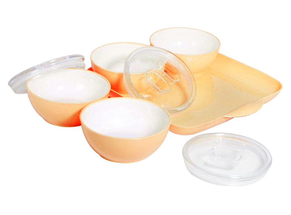 Kuber Industries Plastic 4 Bowls &amp; 1 Square Tray Set For Serving &amp; Store Dry Fruits, candies, Snacks With Silicon Rubberized Ring Lid (Autumn Orange)