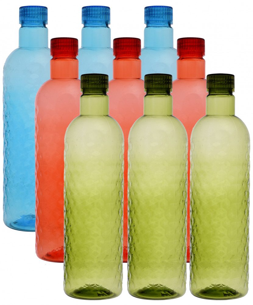 Kuber Industries Plastic 9 Pieces Hammer Fridge Water Bottle Set with Lid (1000ml, Sky Blue &amp; Red &amp; Green)-KUBMART406