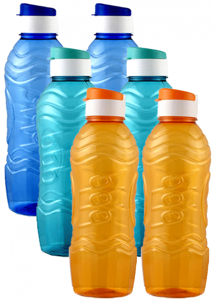 Kuber Industries Plastic Fridge Water Bottle Set with Flip Cap (1000ml, Blue &amp; Sky Blue &amp; Orange)-KUBMART1570