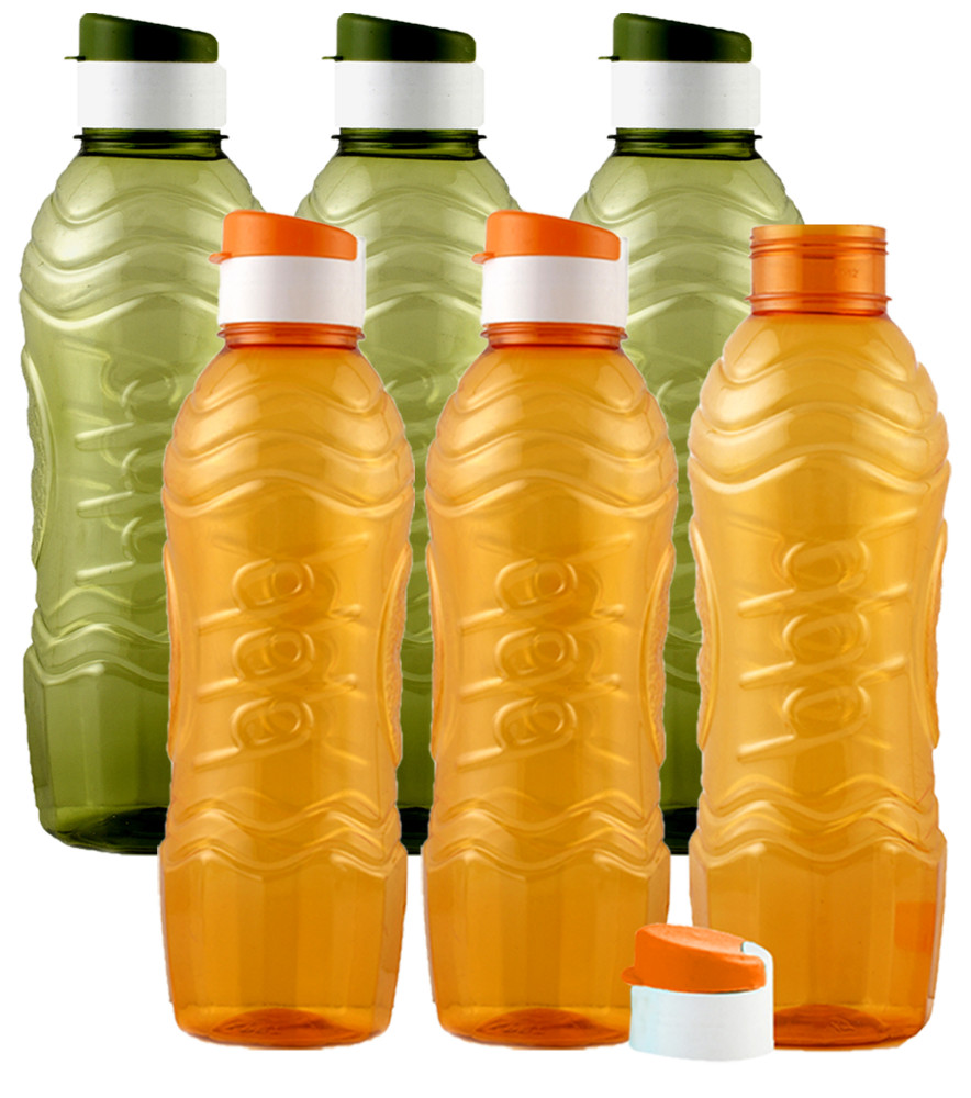 Kuber Industries Plastic Fridge Water Bottle Set with Flip Cap (1000ml, Green &amp; Orange)-KUBMART1462