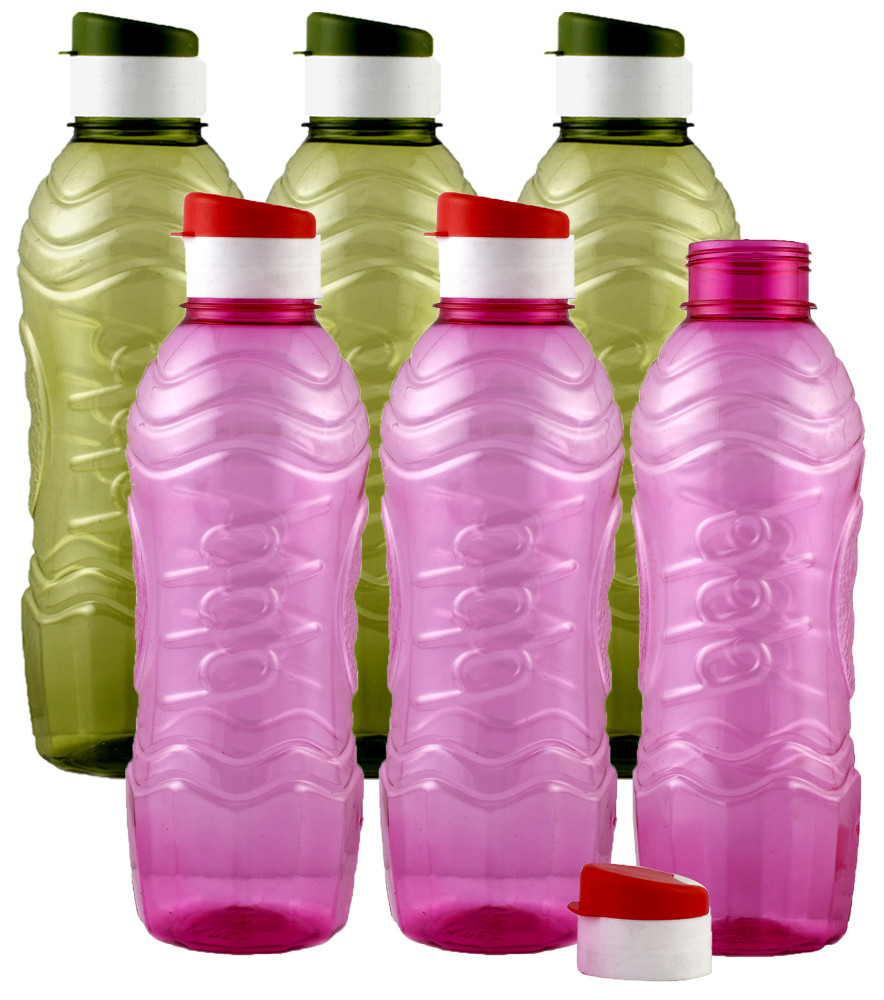 Kuber Industries Plastic Fridge Water Bottle Set with Flip Cap (1000ml, Green &amp; Pink)-KUBMART1456