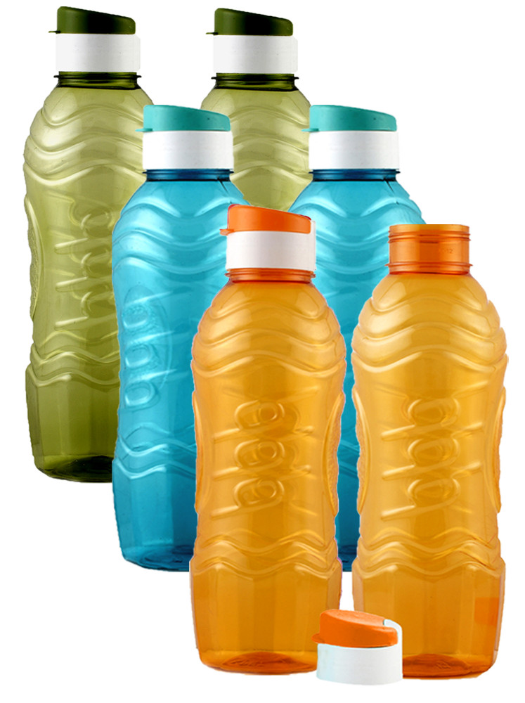 Kuber Industries Plastic Fridge Water Bottle Set with Flip Cap (1000ml, Green &amp; Sky Blue &amp; Orange)-KUBMART1540