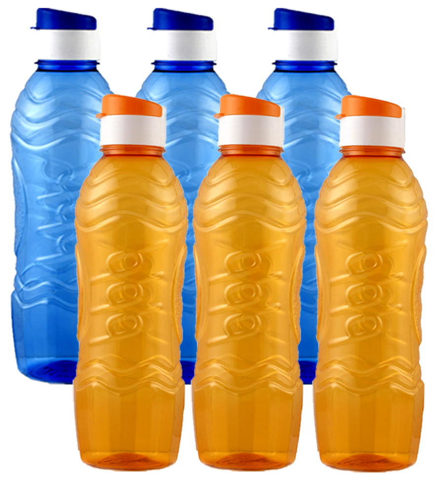 Kuber Industries Plastic Fridge Water Bottle Set with Flip Cap (1000ml, Sky Blue &amp; Orange)-KUBMART1480