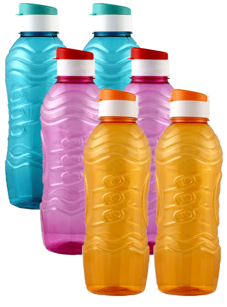 Kuber Industries Plastic Fridge Water Bottle Set with Flip Cap (1000ml, Sky Blue &amp; Pink &amp; Orange)-KUBMART1552