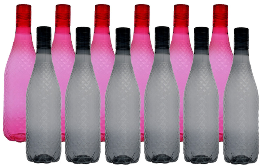 Kuber Industries Plastic Magna Fridge Water Bottle Set with Lid (1000ml, Pink & Black)-KUBMART468