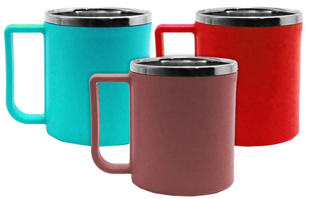 Kuber Industries Plastic Steel Cups for Coffee Tea Cocoa, Camping Mugs with Handle, Portable &amp; Easy Clean,(Green &amp; Red &amp; Brown)