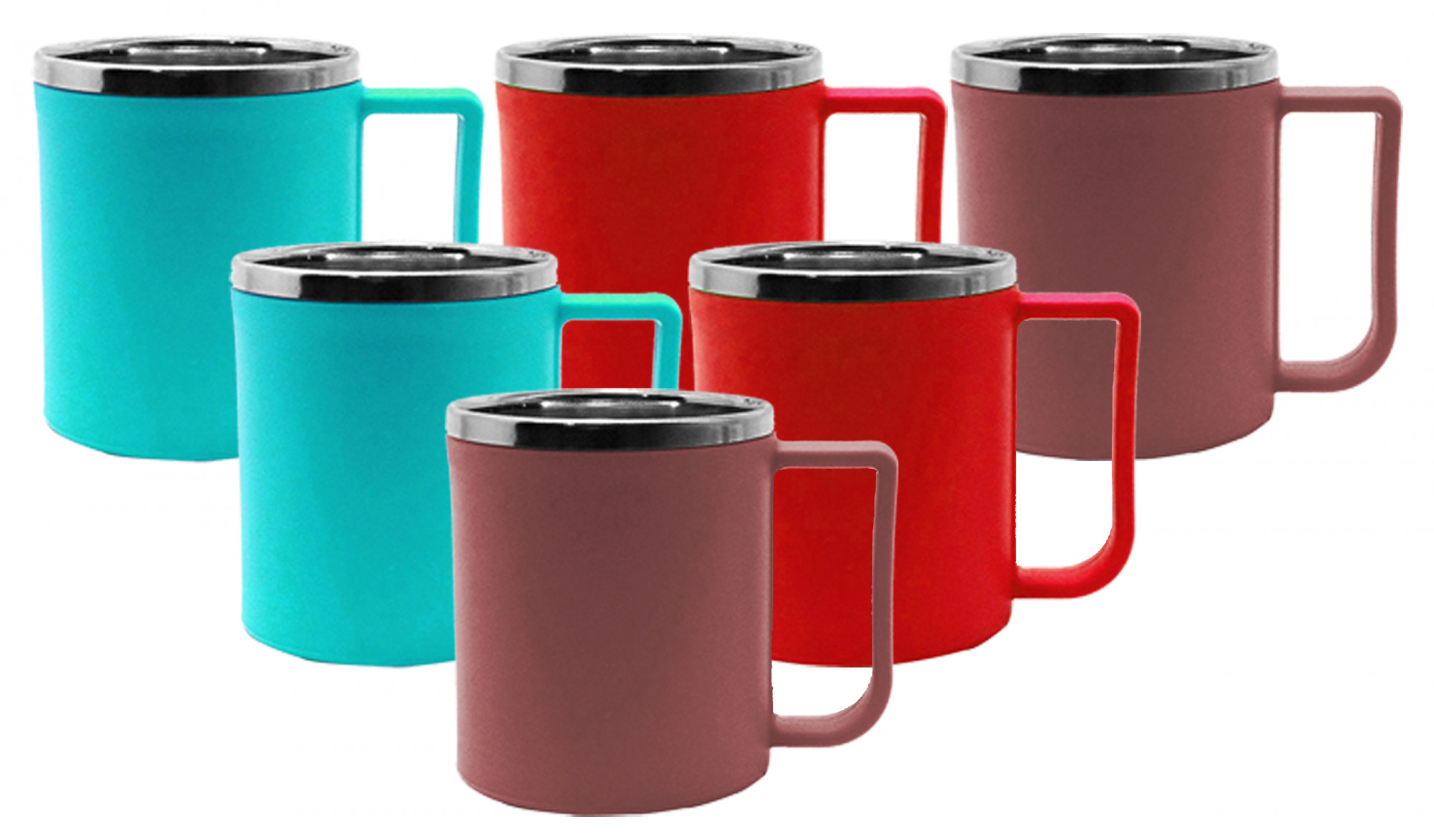Kuber Industries Plastic Steel Cups for Coffee Tea Cocoa, Camping Mugs with Handle, Portable & Easy Clean,(Green & Red & Brown)