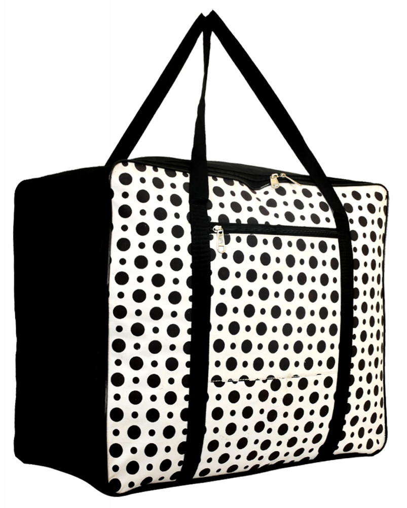 Kuber Industries Polka Dots Design Canvas Jumbo Underbed Moisture Proof Storage Bag with Zipper Closure and Handle (Black &amp; White)