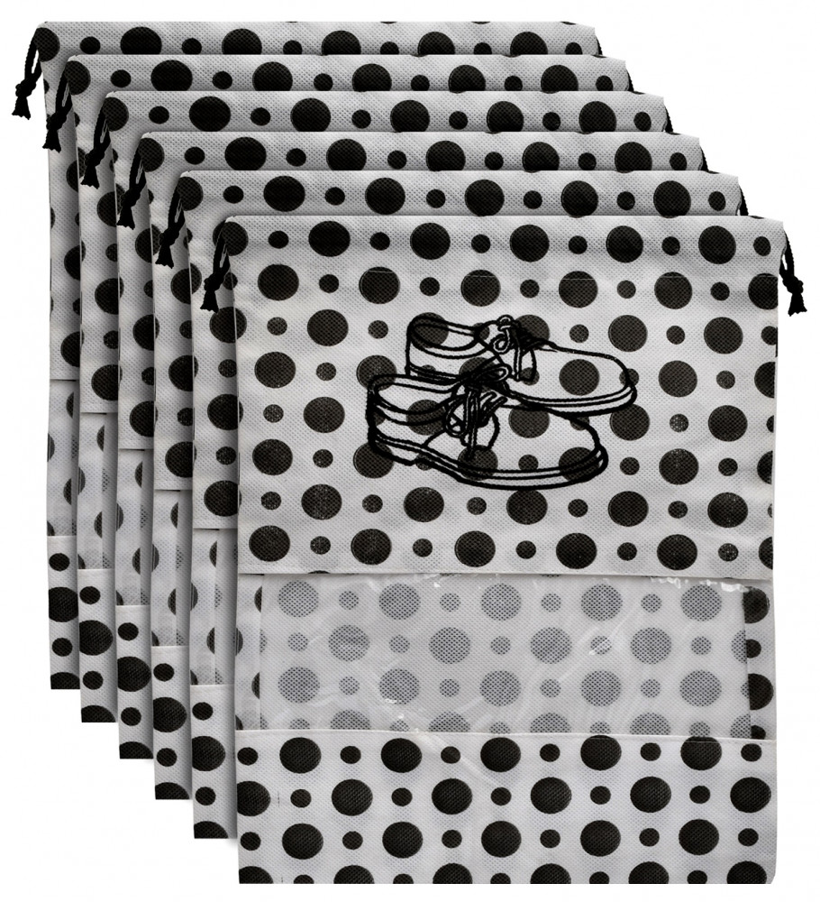 Kuber Industries Polka Dots Design Non Woven Travel Shoe Organizer Space Saving Fabric Storage Bags Organizer (Black &amp; White)-KUBMART1026