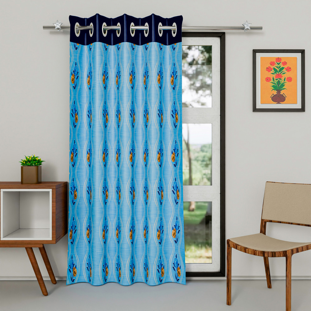 Kuber Industries Polyester Decorative 7 Feet Door Curtain | Rose Print Blackout Drapes Curtain With 8 Eyelet For Home &amp; Office (Sky Blue)