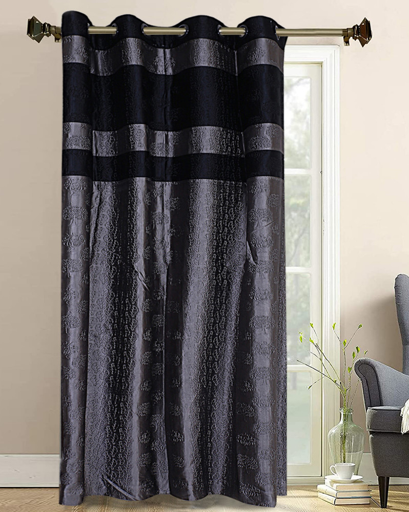 Kuber Industries Polyester Decorative 7 Feet Door Curtain |Embroidered Design Blackout Drapes Curatin With 8 Eyelet For Home &amp; Office (Gray &amp; Black)