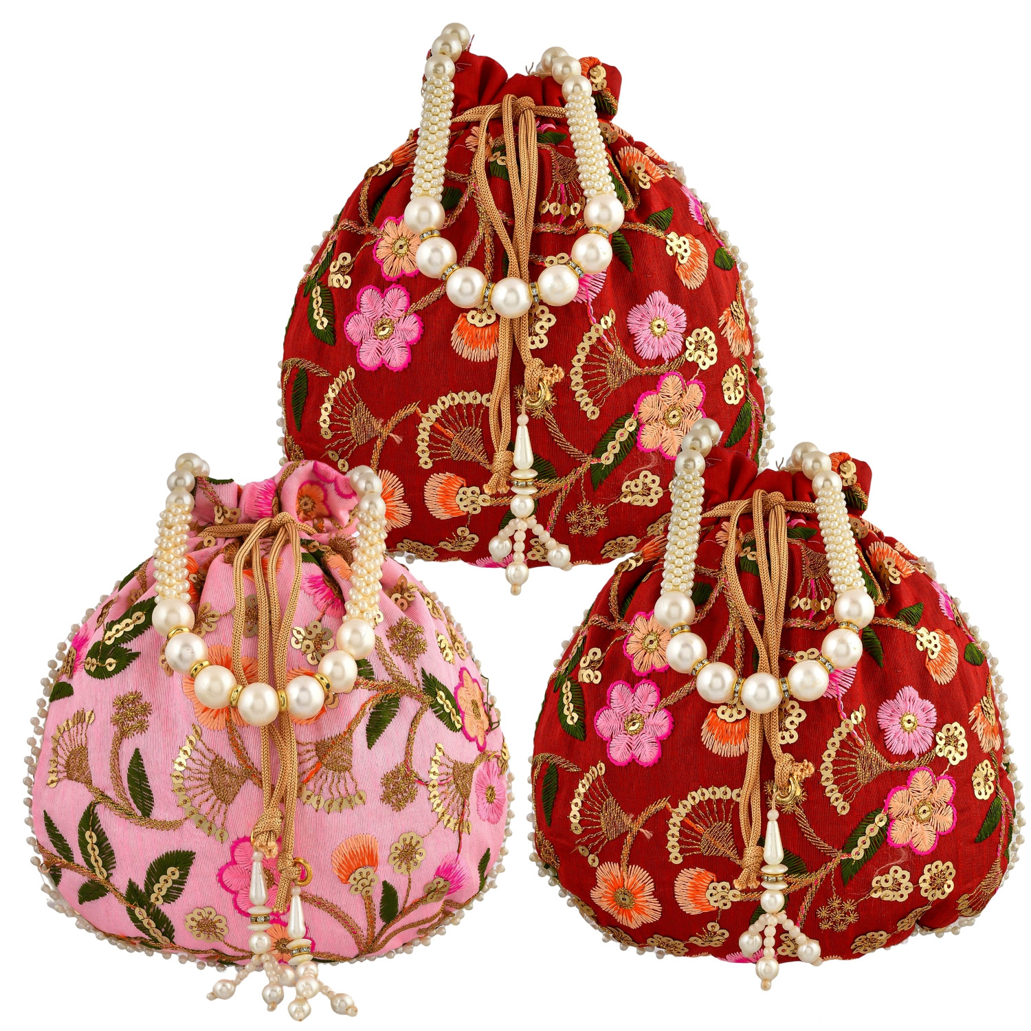 Kuber Industries Potli | Silk Wedding Potli | Christmas Gift Potli | Baby Shower Potli | Traditional Shagun Potli | Drawstring with Beads Handle Potli | New Flower Embroidery Potli | Pack of 3 | Multi