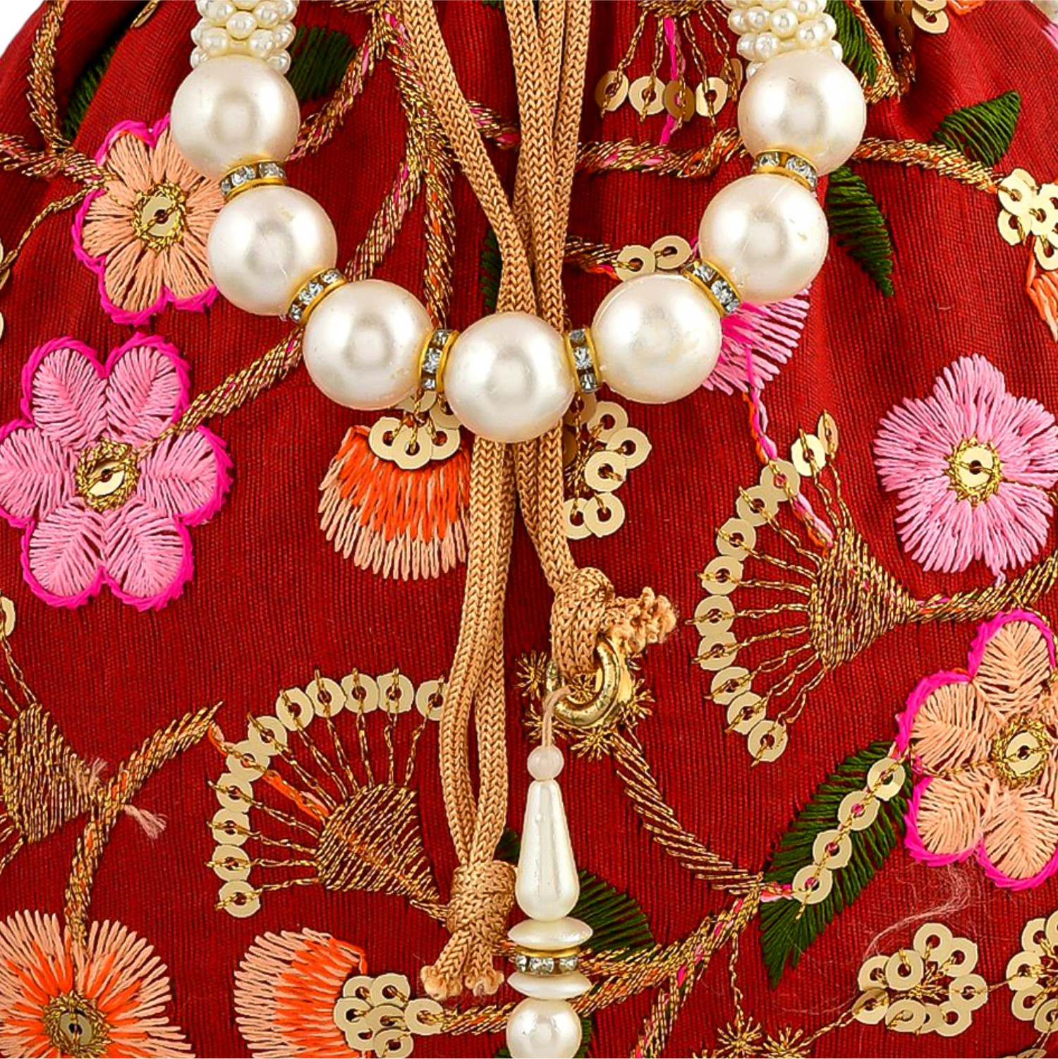 Kuber Industries Potli | Silk Wedding Potli | Christmas Gift Potli | Baby Shower Potli | Traditional Shagun Potli | Drawstring with Beads Handle Potli | New Flower Embroidery Potli | Pack of 3 | Multi