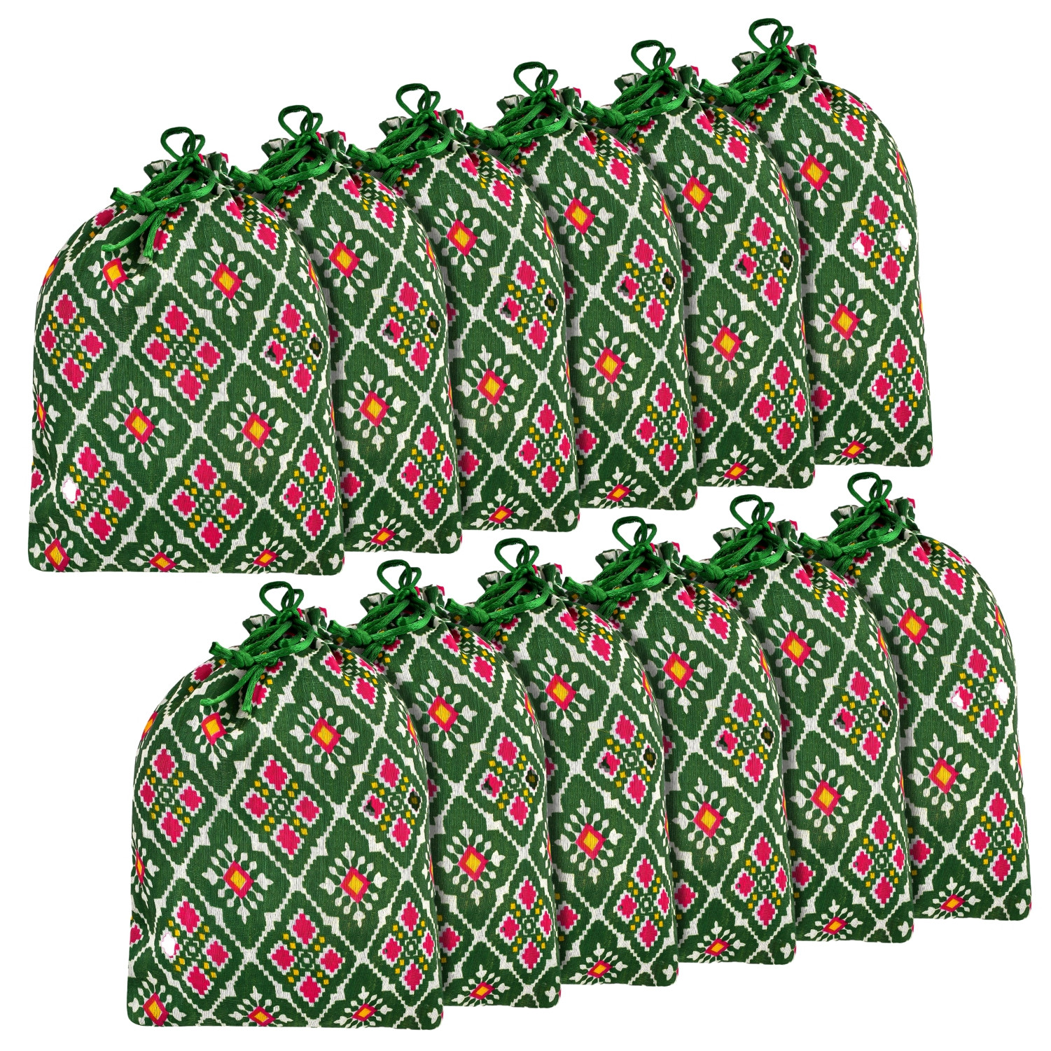Kuber Industries Potli | Silk Wedding Potli | Drawstring Closure Potli | Wallet Potli | Christmas Gift Potli | Baby Shower Potli | Medium-Patola-Print Potli | 7x9 Inch | Green