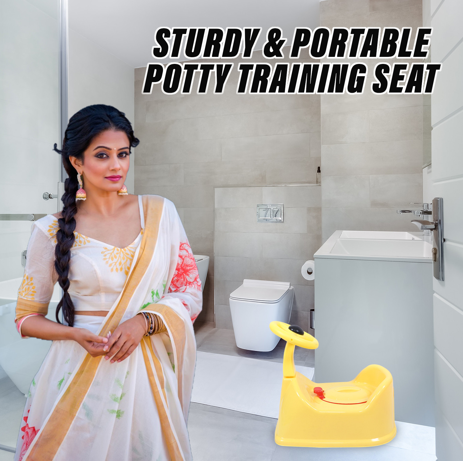 Kuber Industries Potty Toilet Trainer Seat | Plastic Potty Training Seat | Baby Potty Seat | Potty Seat For Child | Potty Training Seat for Kids | Steering Design | Yellow