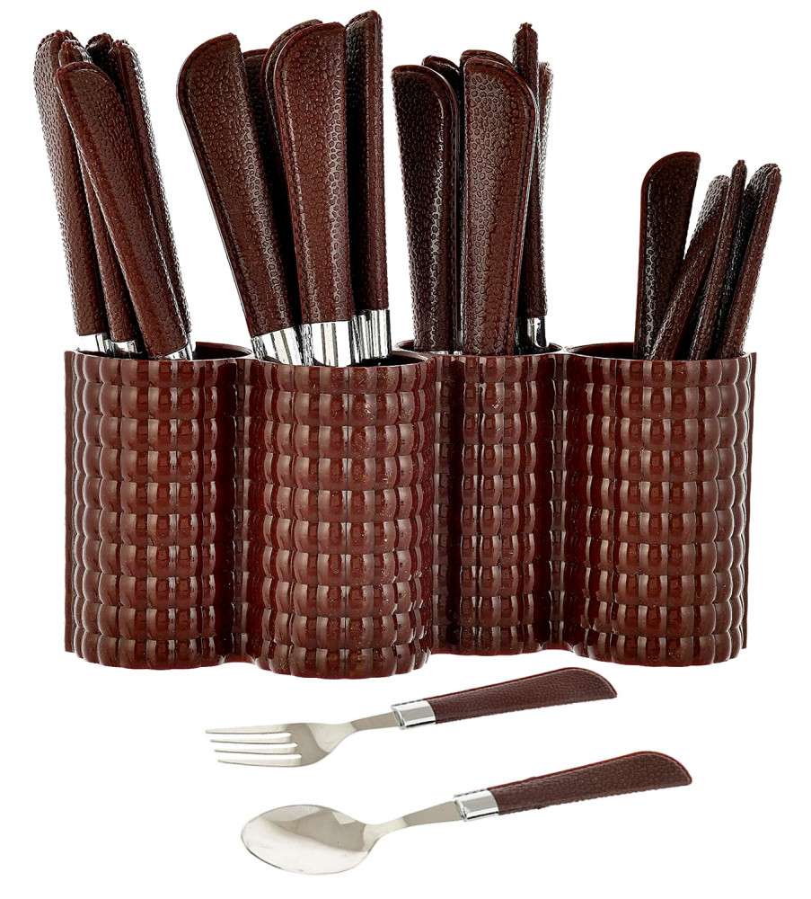 Kuber Industries Premium ABS Plastic &amp; Stainless Steel Cutlery Set With Stand For Kitchen/Dining, Set of 24 (Brown)