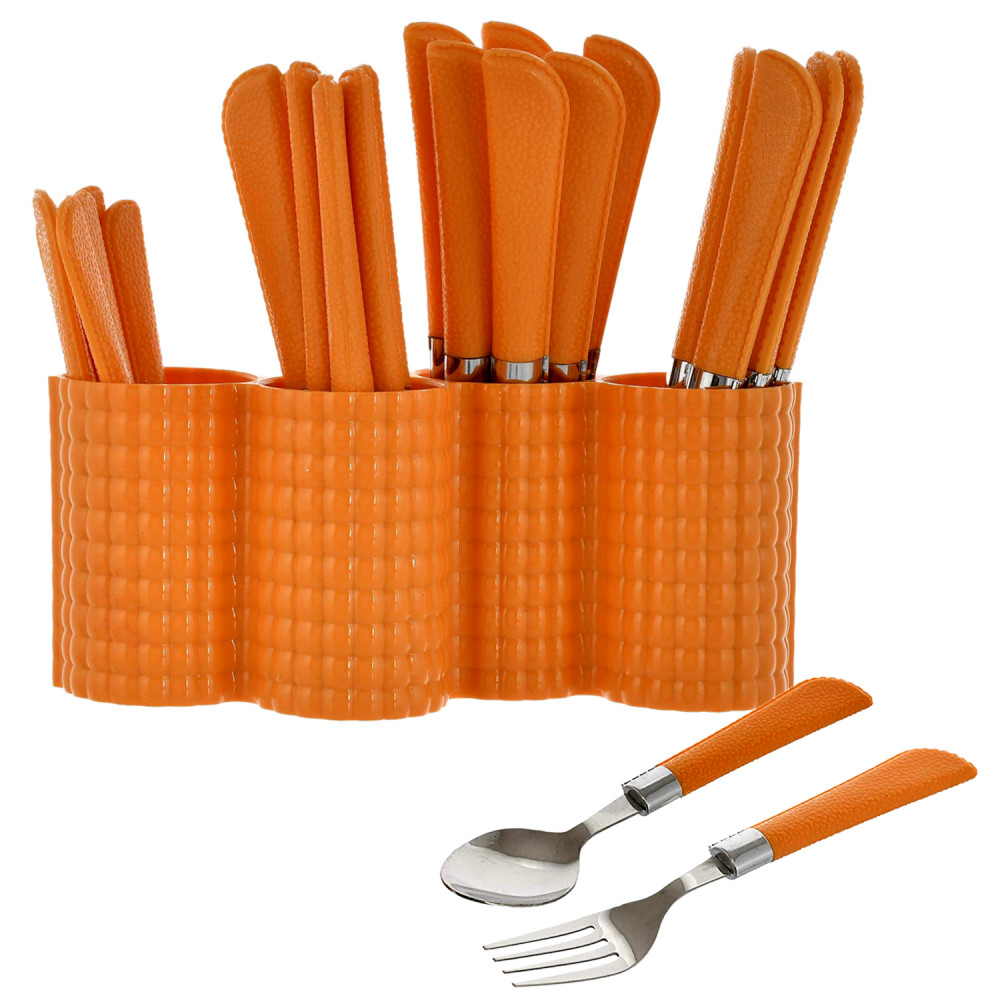 Kuber Industries Premium ABS Plastic &amp; Stainless Steel Cutlery Set With Stand For Kitchen/Dining, Set of 24 (Orange)