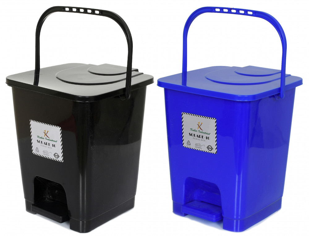 Kuber Industries Premium Plastic Pedal Dustbin 10 Ltr (Black &amp; Blue)-Pack of 2
