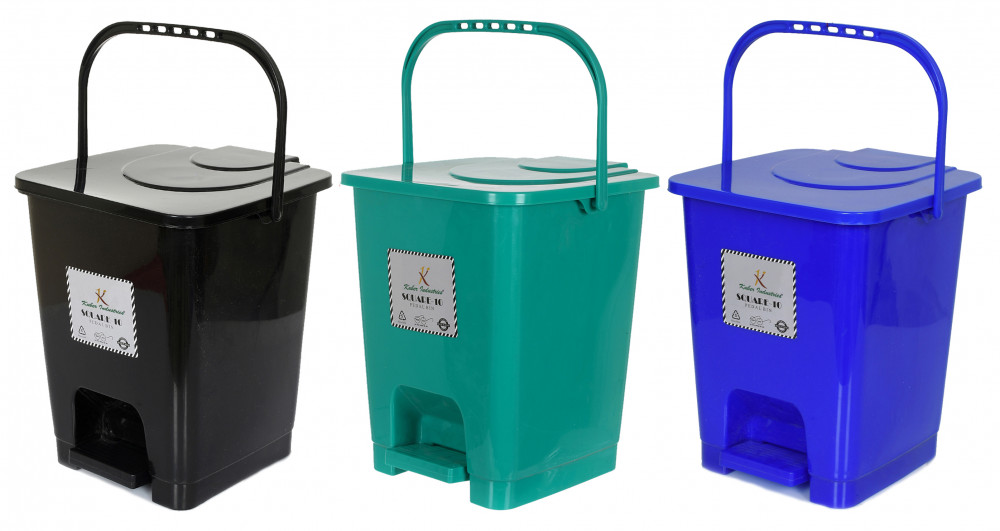 Kuber Industries Premium Plastic Pedal Dustbin 10 Ltr (Black &amp; Green &amp; Blue)-Pack of 3