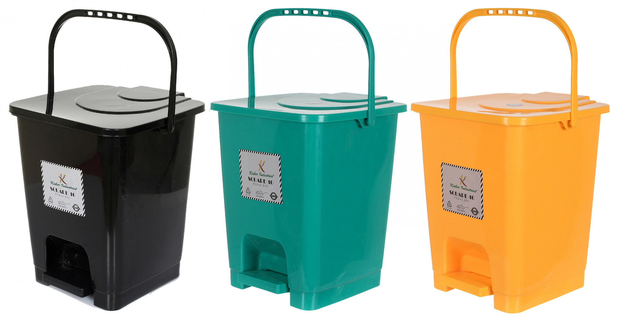 Kuber Industries Premium Plastic Pedal Dustbin 10 Ltr (Black & Green & Yellow)-Pack of 3