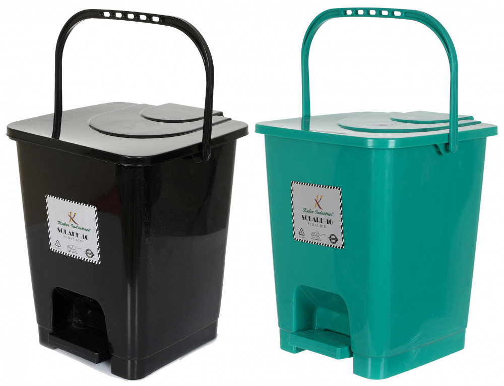 Kuber Industries Premium Plastic Pedal Dustbin 10 Ltr (Black &amp; Green)-Pack of 2